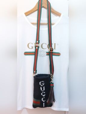 Gucci Black Knit Cellphone Case  Front Vertical Logo Green-Red Striped Strap